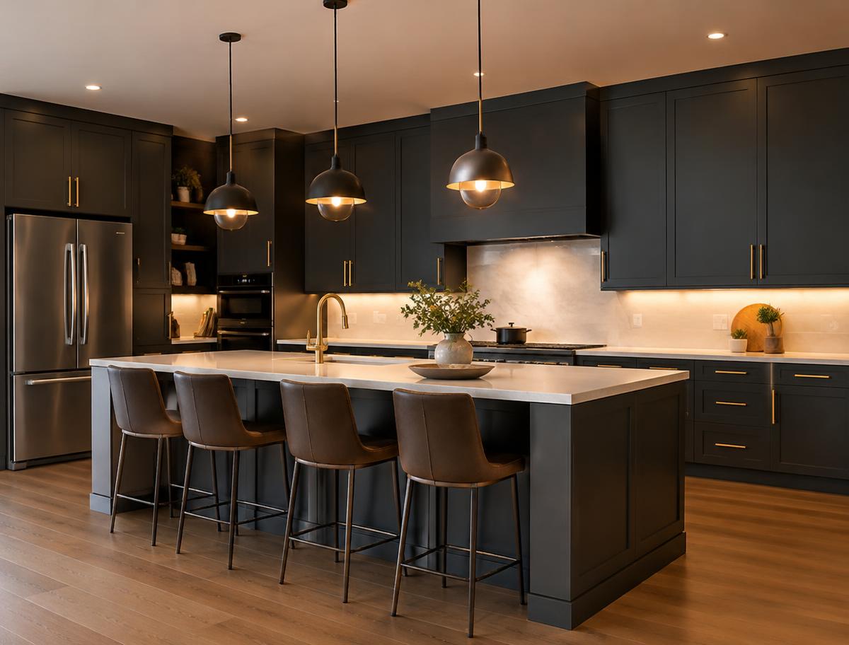 Matte charcoal modular kitchen with brass handles